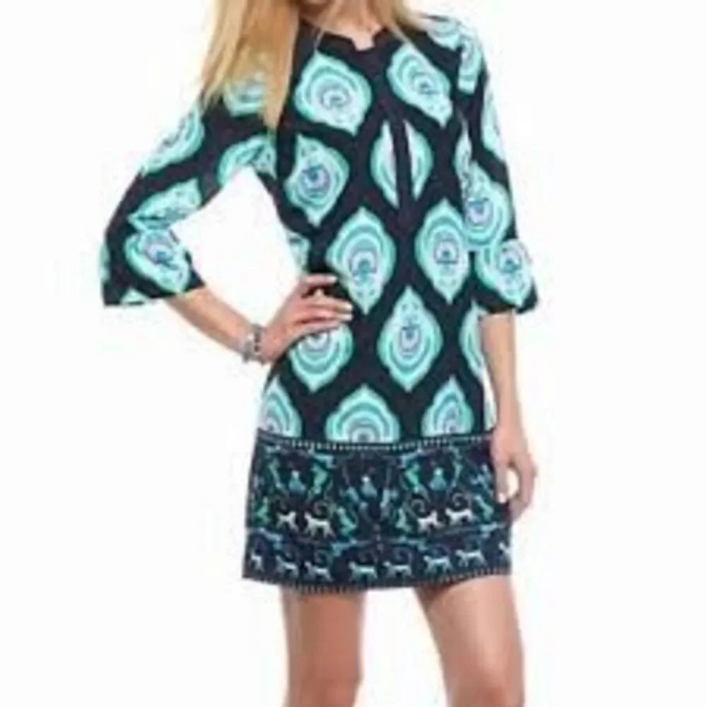 Crown & Ivy Elbow Sleeve Sheath Dress Blue Indie Mandala Monkey Print Size 12